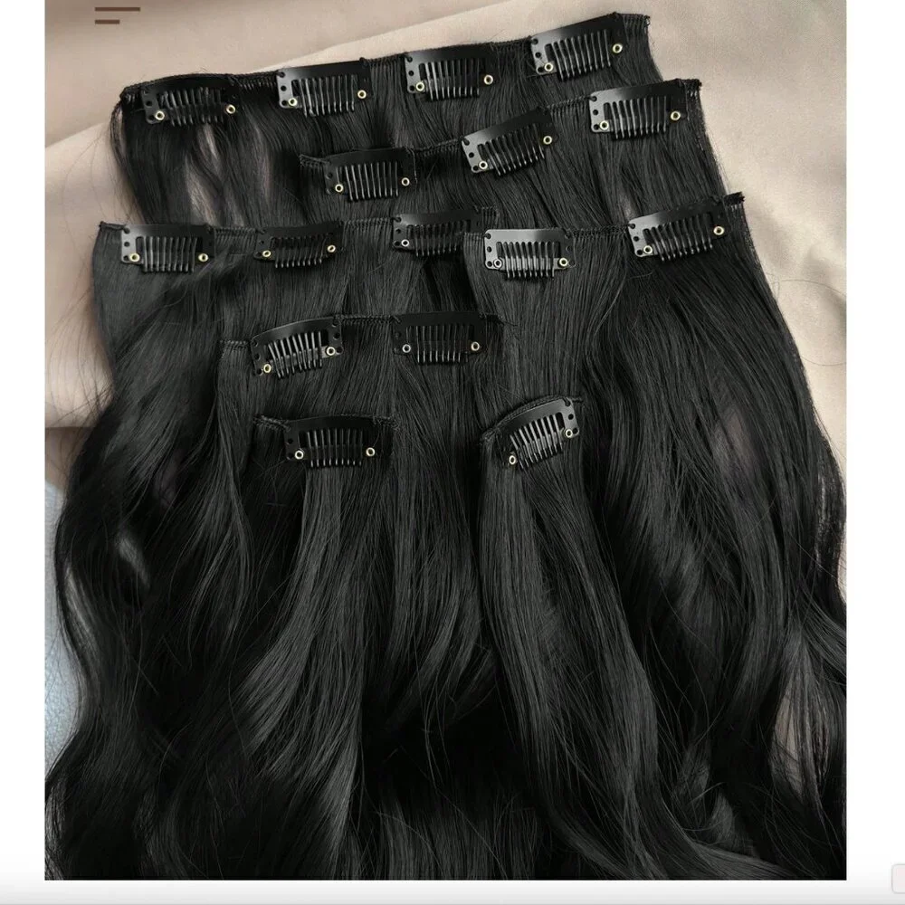 Human hair blend 24 In  black Clip in Hair Extensions Set